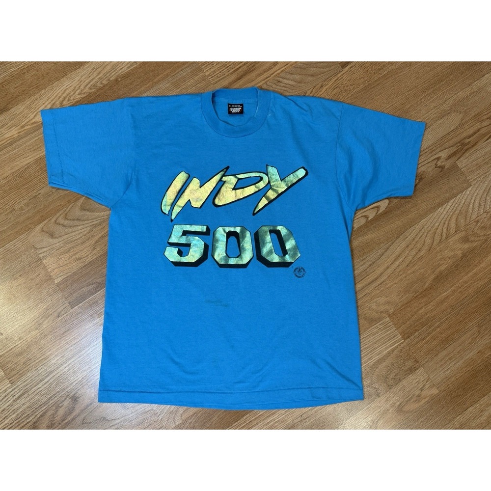 Vintage Indy Indianapolis 500 Racing T-Shirt Single Stitch Screen Stars XL Blue‎